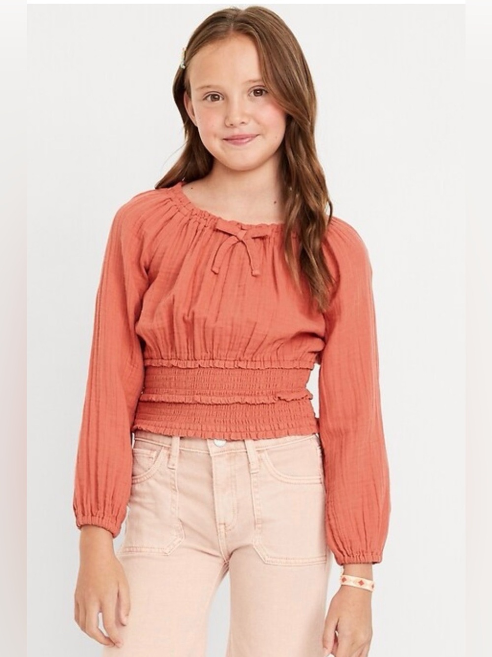 Old Navy red basil long-sleeve double-weave smocked top, tie neckline in size 10